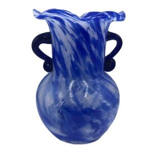 Vintage Blue White Swirl Cobalt Handled Vase Scalloped Edge